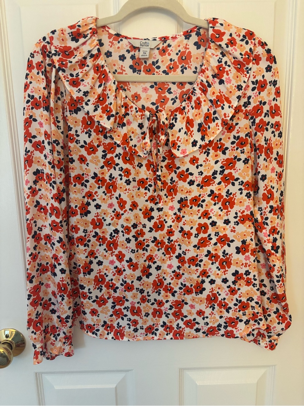 croft & barrow Coral and Navy Floral Ruffle-Neck Blouse